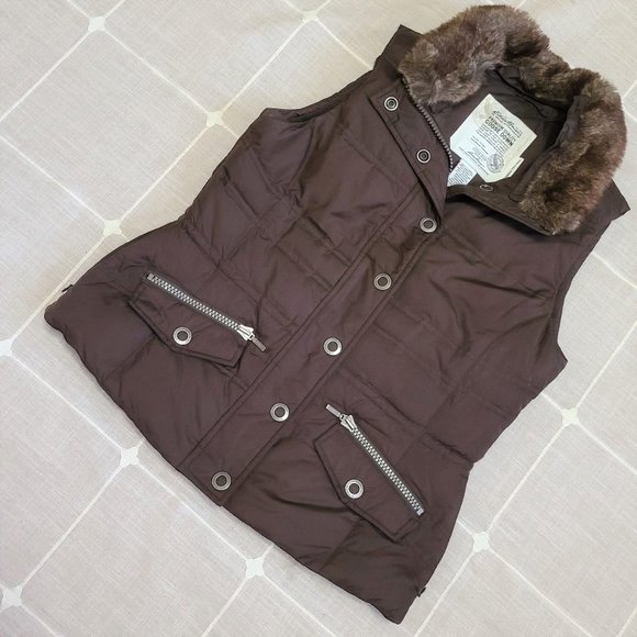Eddie Bauer Vest size Small premium Goose Down Vest color brown faux fur removal - Picture 3 of 8